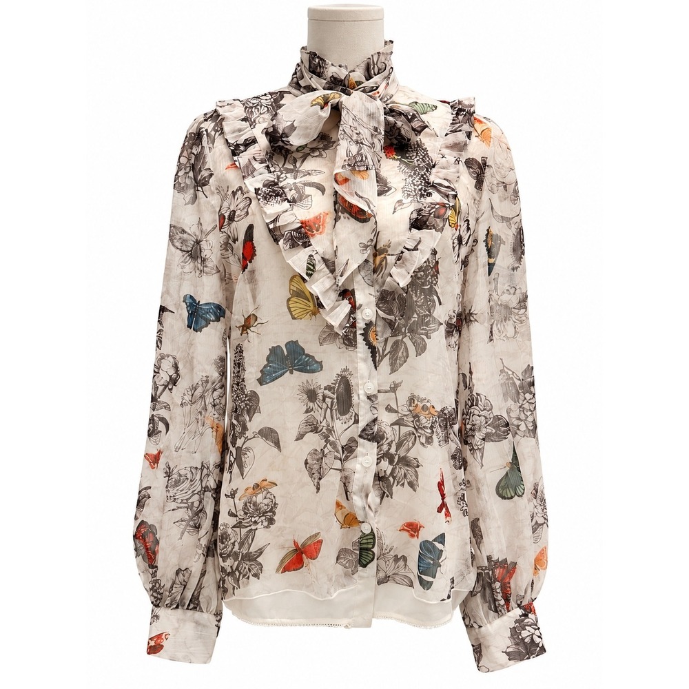 Jade & Cloud Butterfly Floral Ruffle Bow Bodysuit Romantic Cottagecore L